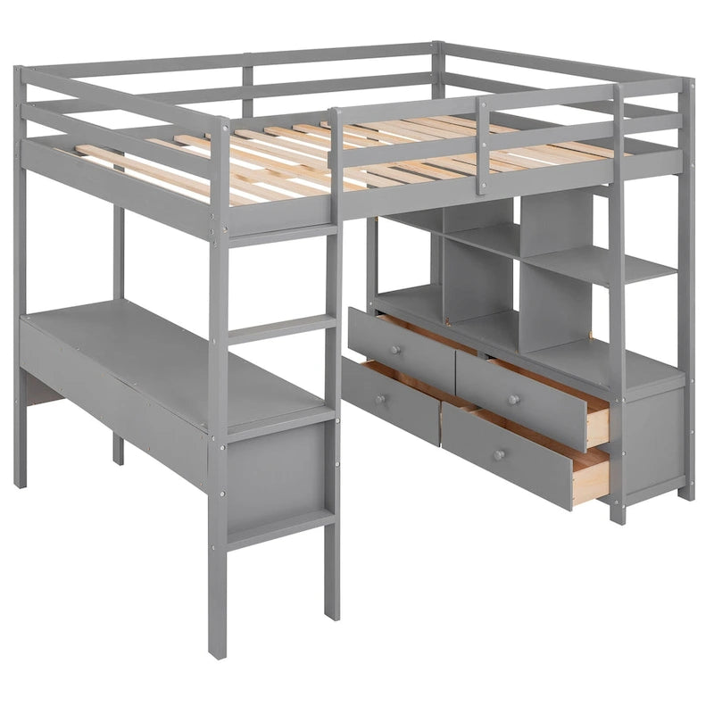 Pine Loft Bed with Built-in Desk & Drawers