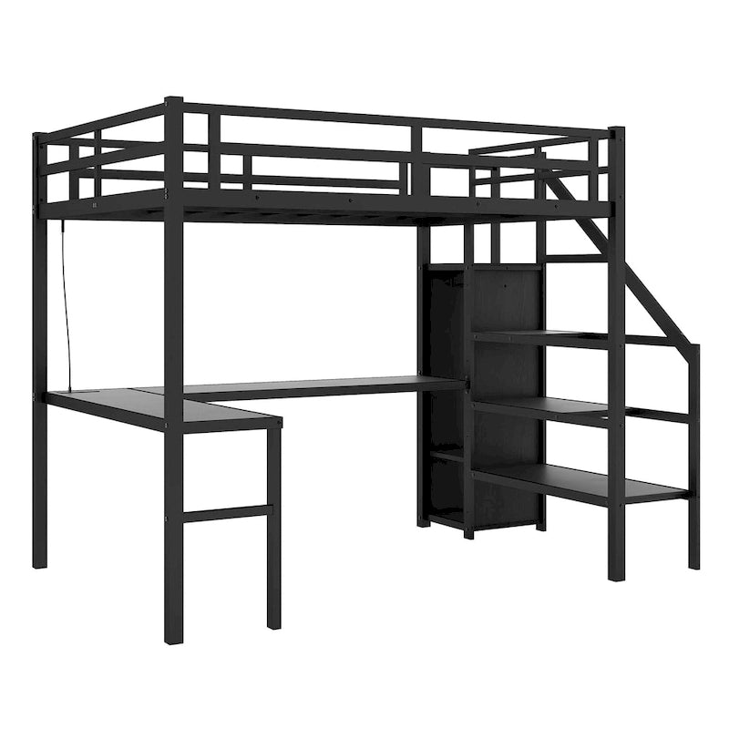 Full XL Size Metal Loft Bed with L-shaped Desk, USB, and LED for Kids and Teens
