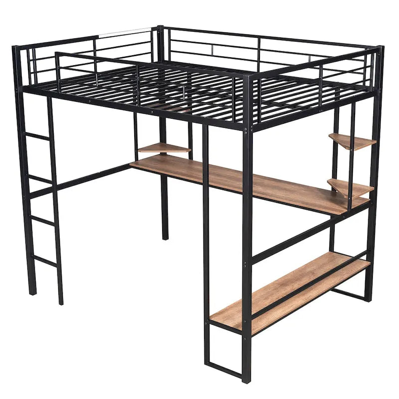 Full Metal Loft Bed with Long Desk & Shelves