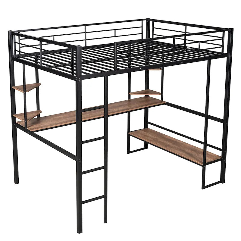 Full Metal Loft Bed with Long Desk & Shelves
