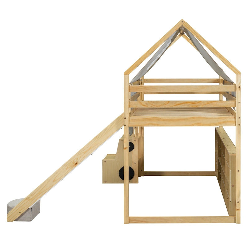 Solid Wood Loft Bed with Tent and Car Shaped Cabinet, Twin/Full Size Loft Bedframe with Storage Shelves and Roof Frame
