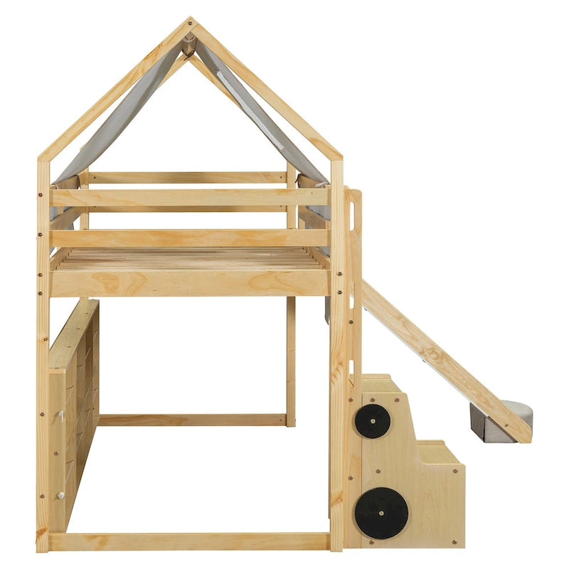 Solid Wood Loft Bed with Tent and Car Shaped Cabinet, Twin/Full Size Loft Bedframe with Storage Shelves and Roof Frame