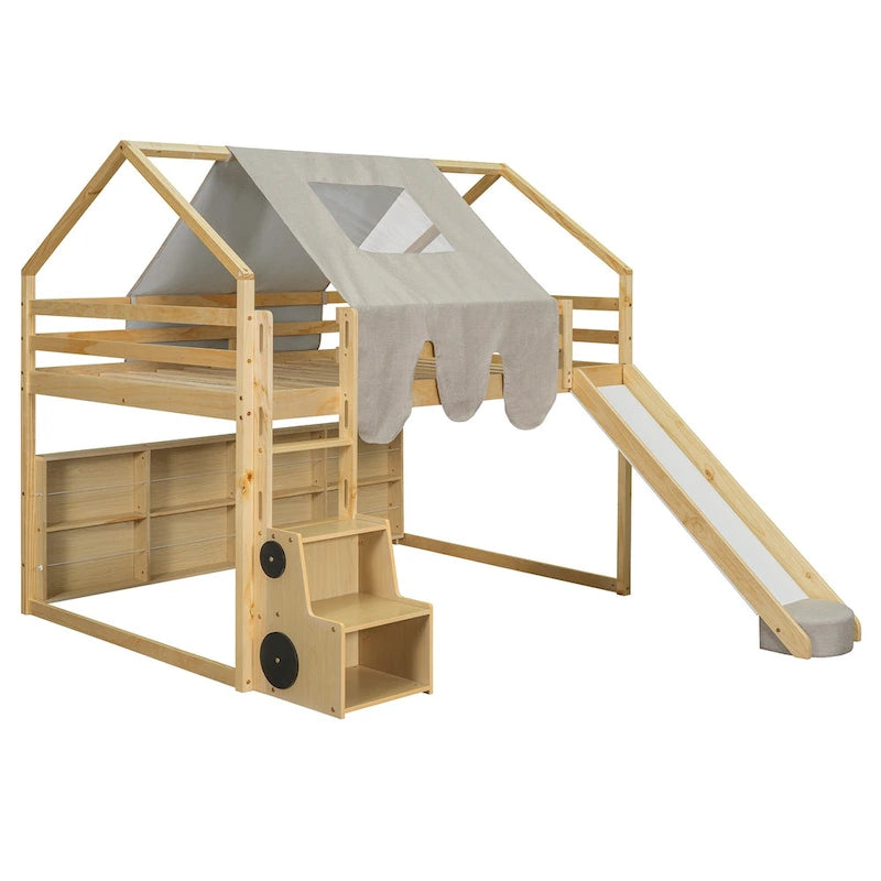 Solid Wood Loft Bed with Tent and Car Shaped Cabinet, Twin/Full Size Loft Bedframe with Storage Shelves and Roof Frame