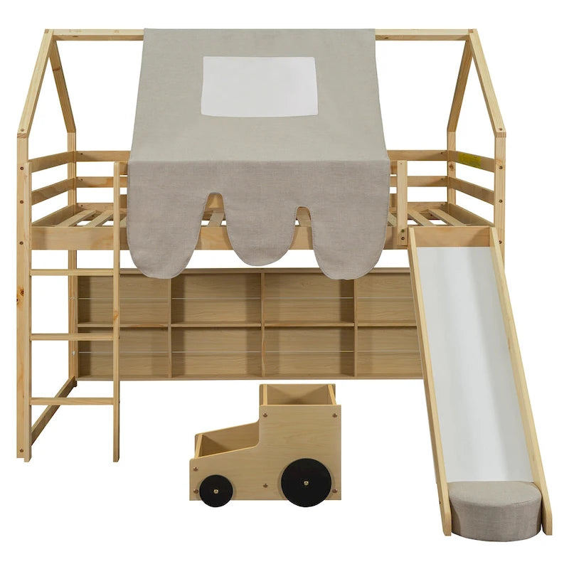 Solid Wood Loft Bed with Tent and Car Shaped Cabinet, Twin/Full Size Loft Bedframe with Storage Shelves and Roof Frame
