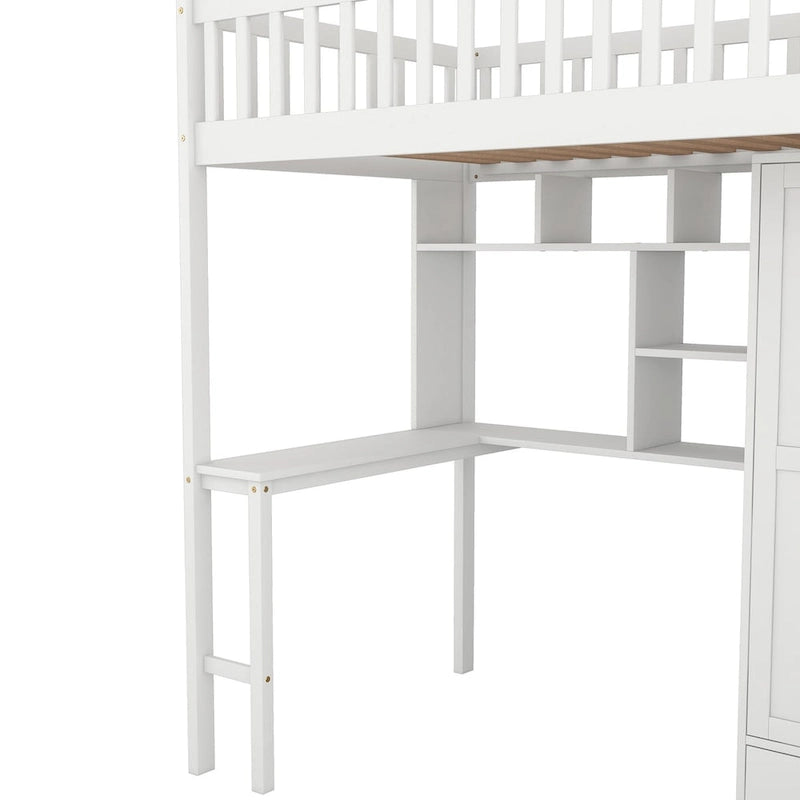 Twin size Loft Bed with Bookshelf,Drawers,Desk,and Wardrobe