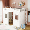 Dřevěná patrová postel plné velikosti Creativity House Bed s vestavěným žebříkem a úložným prostorem pod postelí, s celodélkovým zábradlím