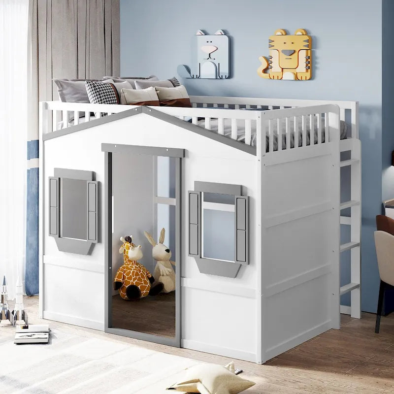 Full Size Creativity House Bed Wooden Loft Bed with Built-In Ladder and Underbed Storage Space, Full-Length Guardrail