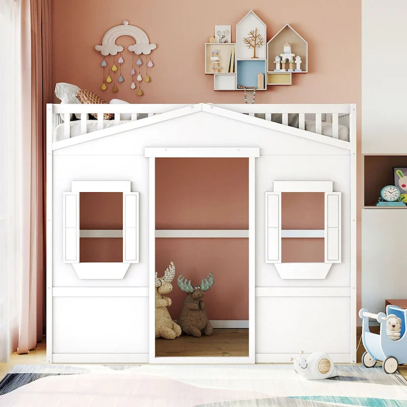 Full Size Creativity House Bed Wooden Loft Bed with Built-In Ladder and Underbed Storage Space, Full-Length Guardrail