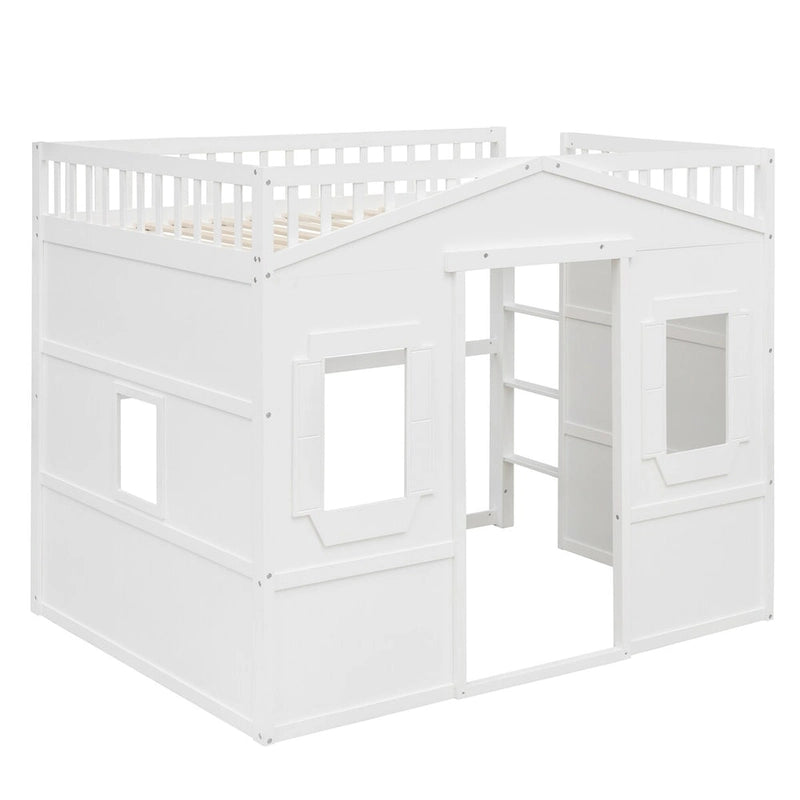 Full Size Creativity House Bed Wooden Loft Bed with Built-In Ladder and Underbed Storage Space, Full-Length Guardrail