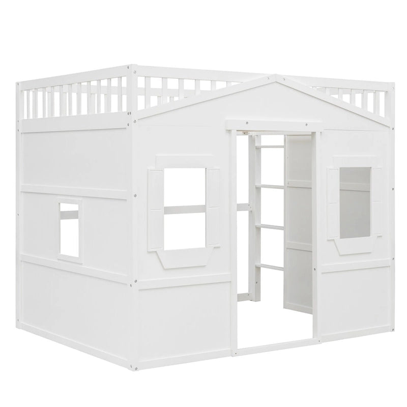 Full Size Creativity House Bed Wooden Loft Bed with Built-In Ladder and Underbed Storage Space, Full-Length Guardrail