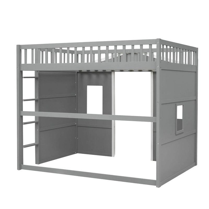Dřevěná patrová postel plné velikosti Creativity House Bed s vestavěným žebříkem a úložným prostorem pod postelí, s celodélkovým zábradlím