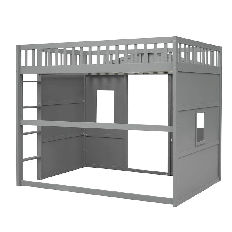 Dřevěná patrová postel plné velikosti Creativity House Bed s vestavěným žebříkem a úložným prostorem pod postelí, s celodélkovým zábradlím