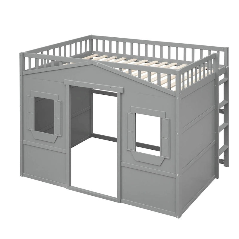Dřevěná patrová postel plné velikosti Creativity House Bed s vestavěným žebříkem a úložným prostorem pod postelí, s celodélkovým zábradlím