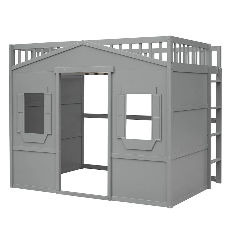 Dřevěná patrová postel plné velikosti Creativity House Bed s vestavěným žebříkem a úložným prostorem pod postelí, s celodélkovým zábradlím