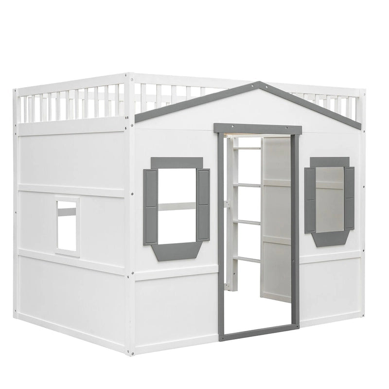 Dřevěná patrová postel plné velikosti Creativity House Bed s vestavěným žebříkem a úložným prostorem pod postelí, s celodélkovým zábradlím