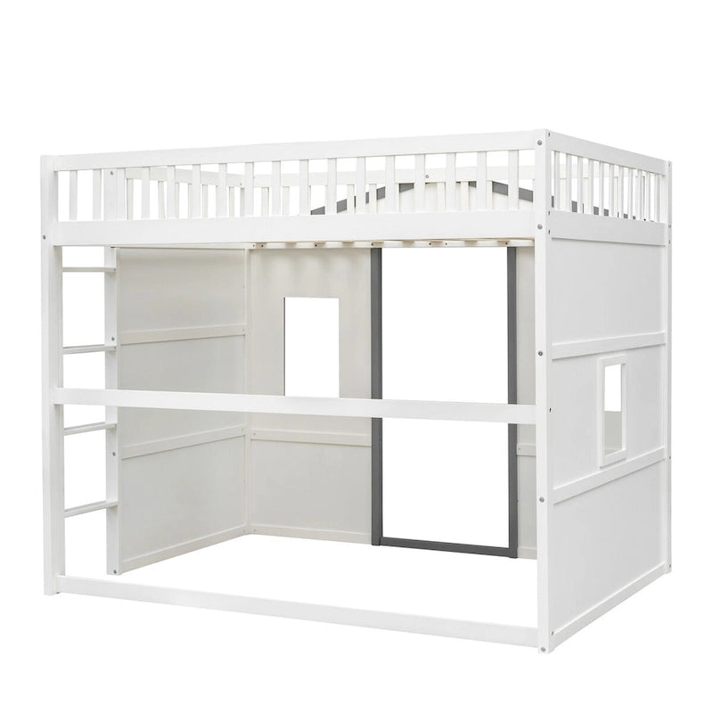 Dřevěná patrová postel plné velikosti Creativity House Bed s vestavěným žebříkem a úložným prostorem pod postelí, s celodélkovým zábradlím